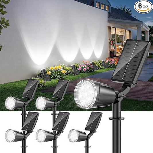 6 Pack Bright Solar Spot Lights Outdoor Cool White, 1000LM Adjustable Solar Lights Outdoor Waterproof, 2-in-1 Solar Powered Spotlights Landscape Lighting for Garden, Yard, Pathway, Tree, Flag