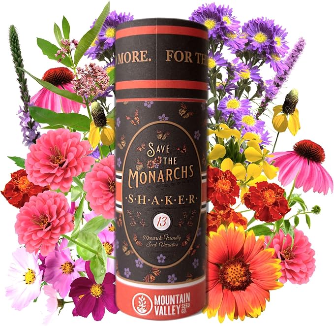 Mountain Valley Seed Co Save The Monarchs Wildflower Seed Shaker - 100,000+ | Wild Flower Seeds for Planting Beautiful Seed Shaker 13 Varieties Attract Monarch Butterflies & Pollinators Covers 250 sq ft