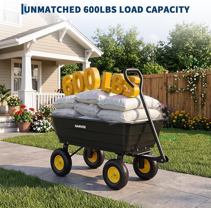 Garvee Poly Garden Dump Cart, Heavy Duty 600lbs Wheelbarrow Yard Cart Dump Wagon with 10”All Terrain Wheels, Garden Utility Wagon with Quick Release System& Convertible Handle Attach to ATV (Black) | Heavy Duty,10”All Terrain Wheels, Garden Utility Wag...