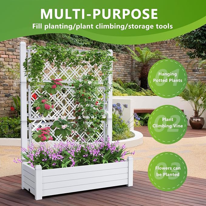Vixzen 59" Tall Raised Garden Bed,Outdoor Large Resin Planter Box with Trellis and Drain Plug for Climbing Plants,Easy to Assemble,Water Monitor (Ashen, 43.43"×18.27"×59.29")