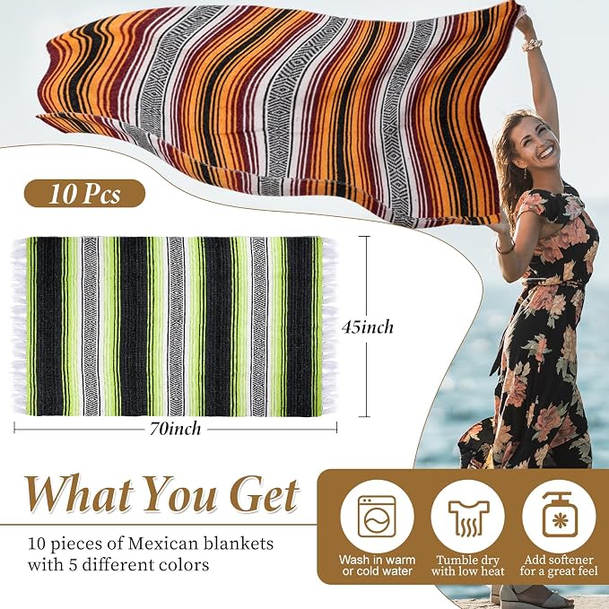 Preboun 10 Pieces Mexican Blanket Bulk Authentic Woven Yoga Blanket Large Picnic Camping Rug Colorful Striped Serape for Beach Outdoor Grass Car Home(Mixed Color)