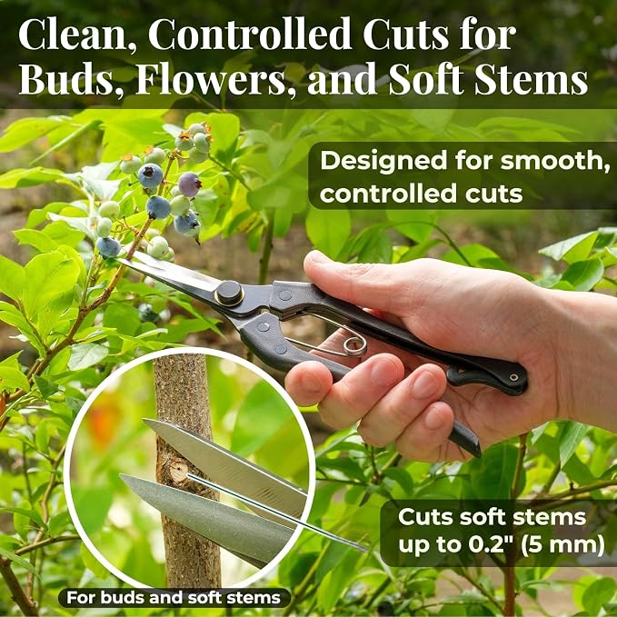 Wablade Japanese Pruning Shears Double-Edge, 8.2-Inch Precision Pruning Scissors for Buds, Flowers & Soft Stems, Cuts Up to 0.2" (5 mm), Forged Alloy Steel Blade, Made in Japan
