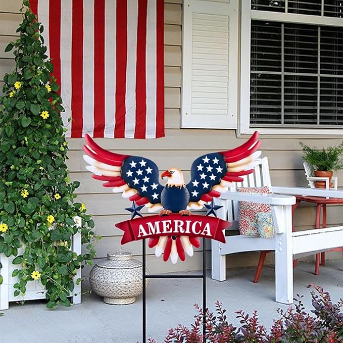 TERESA'S COLLECTIONS 4th of July Decorations for Outdoor, Patriotic Memorial Day Garden Decor, Eagle Metal Yard Art Sign for Outside, Americana Garden Stake for Lawn, Independence Day Gifts, 22.4''