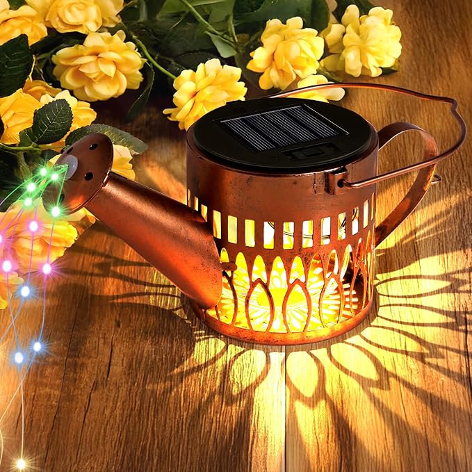 2 Pack Solar Watering Can Lights, Metal Solar Lights Outdoor Decorative with Fairy Silhouette Stake, Waterproof Hanging Lantern Garden Decor Light for Outside, Patio, Yard, Birthday Gifts, Multicolor