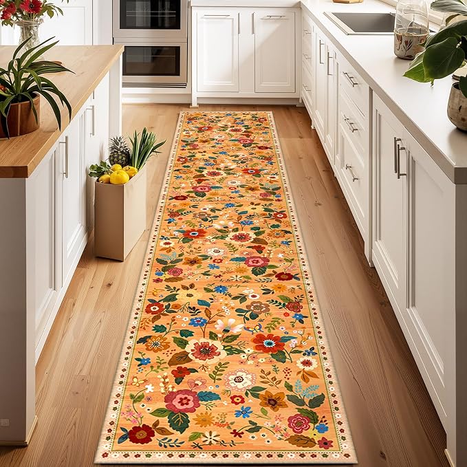 Floral Washable 2x6 Area Rugs Runner Entryway Hallway Orange/Yellow/Red | Flower Carpet, Print, Boho, Non-Slip, Easy to Clean, Low Pile, Soft, for Living Room Bedroom Kitchen Office Entrance