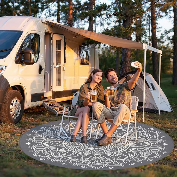 Pauwer Waterproof Outdoor Rug 8ft, Reversible Plastic Straw Patio Camping Rug, Indoor Outdoor RV Mat Carpet for Deck, Camper, Porch, Balcony, Backyard, Picnic, Floral Grey