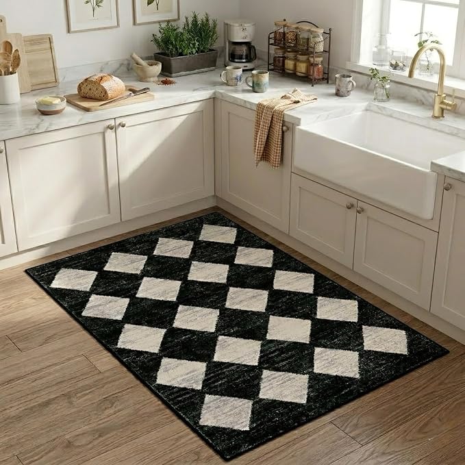 Lahome Zelie Moroccan Trellis Area Rug, 2x3 Small Black Checkered Entryway Rug Non Slip Kitchen Mat, Stain Resistance Indoor Modern Floor Soft Throw Carpet for Front Door Bathroom Sink Bedroom