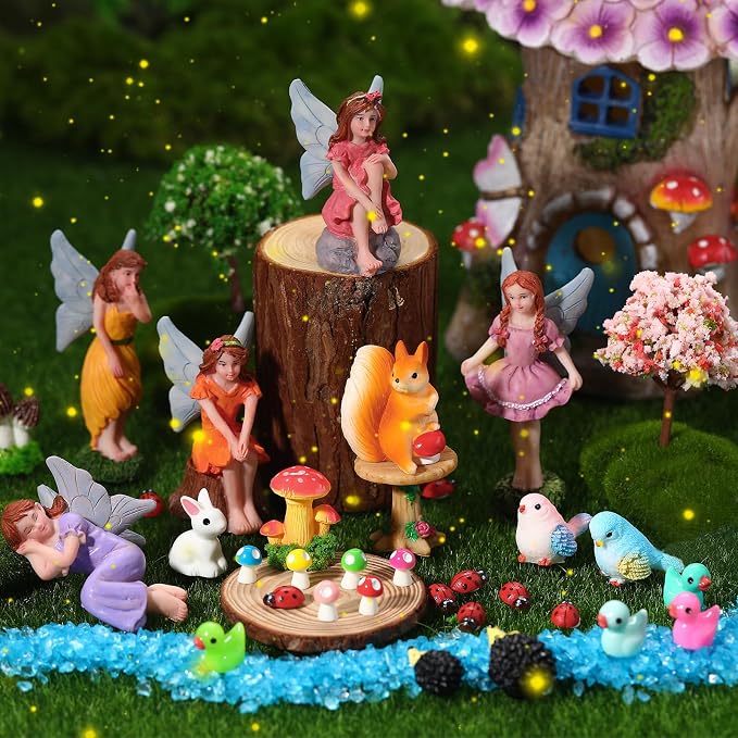 70 Pcs Fairy Garden House Resin Kit Glowing Tree House Miniature Garden Fairy Animals Garden Accessories Decor Outdoor Mini Landscape Ornaments
