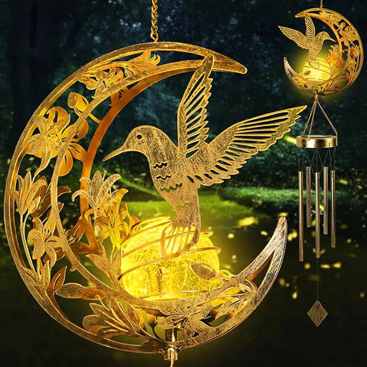 Solar Wind Chimes for Outside Hummingbird Gifts for Women Mom Grandma Sister Crackle Glass Ball Wind Chimes Solar Lights Outdoor Decor for Garden Backyard Patio Yard Porch, Mothers Gift Birthday Gifts