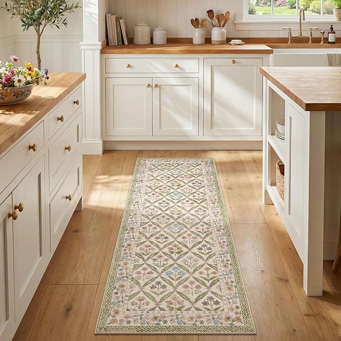 jinchan Runner Rug 2x6 Vintage Floral Washable Hallway Area Rug, Sage Green | Soft & Lightweight, Checkered Floral, Low Pile, Non Slip, Entryway, Kitchen, Bedside, Laundry Room, Cottage Decor