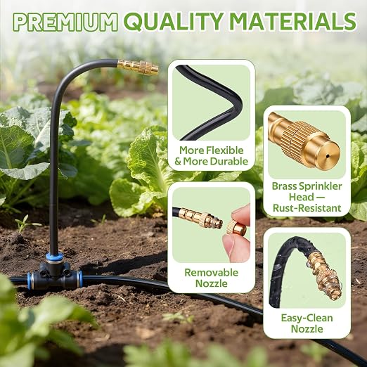 HIRALIY 100FT Garden Watering System with 16 360° Adjustable Copper Mist Nozzles, Quick-Connect Drip Irrigation Kit for Raised Beds, Patio Pots and Greenhouses