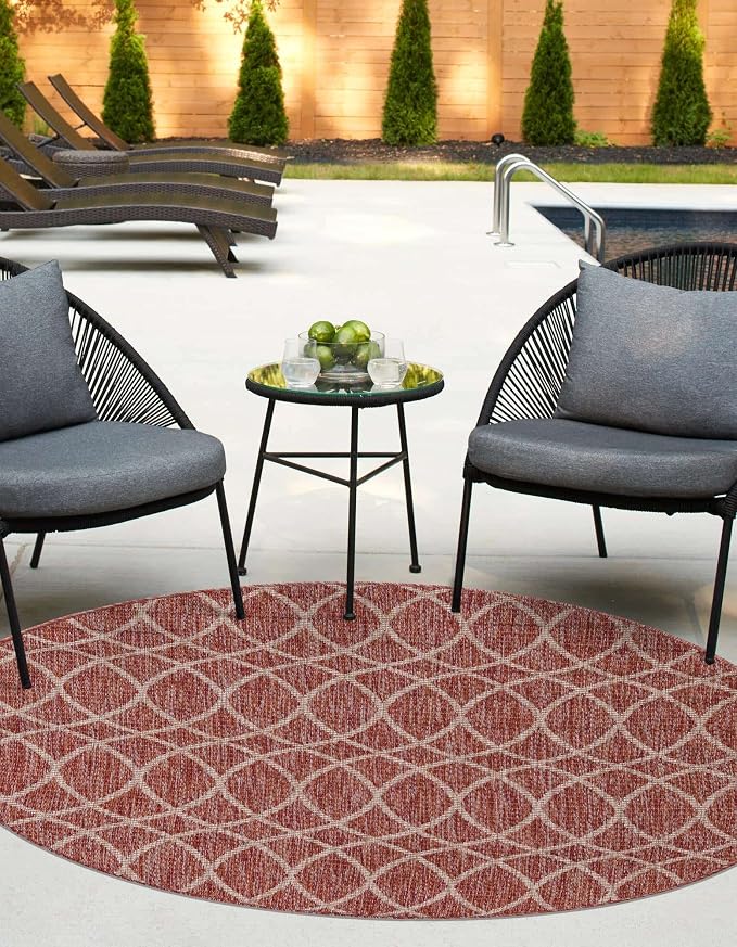 Unique Loom Outdoor Trellis Collection Area Rug - Gitter (10' Round, Rust Red/ Ivory)