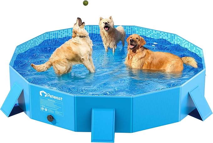 Peteast Dog Pool for Large Dogs, Foldable Hard Plastic, 64 in | Collapsible Kiddie Pool with Stable Side Support for Pets and Kids