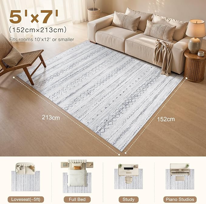 cotiled Boho 5x7 Area Rugs for Living Room: Soft Moroccan Washable Rug | Solve Modern Neutral Trendy Home Decor - Stain Resistan Indoor Carpet for Bedroom Dining Room Brown Grey