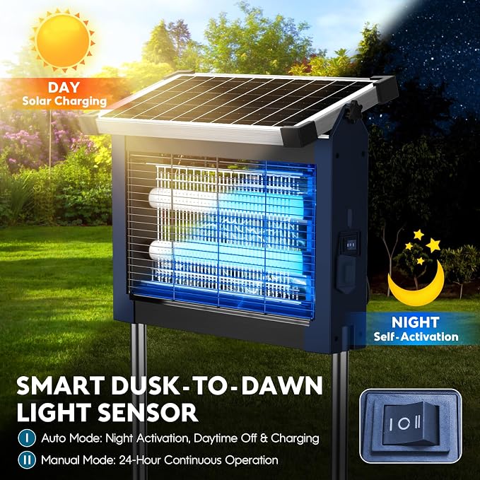 Solar Bug Zapper Outdoor, Waterproof Mosquito Zapper Outdoor Solar Powered, 4500V Electric Bug Zapper Indoor w/Smart Light Sensor, Mosquito Trap Fly Zapper for Patio Kitchen Garage Yard Camping
