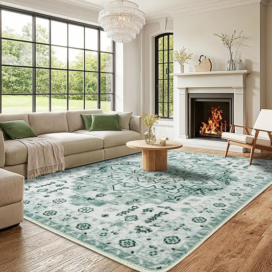 LBRO2M Machine Washable Rug Soft Pet Friendly Carpet 6X9 Green | Persian Rug 6X9 for Living Room, Bedroom, Dining Room, Home Office, Non Slip Carpet, Foldable Stain Resistant Rugs