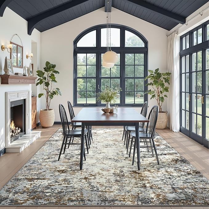 Toneed Washable 6x9 Area Rug with Non-Slip Backing for Living Room | Abstract Modern Rugs, Soft Low Pile Carpet for Bedroom Kitchen Dining Room Nursery Indoor Floor Home Decor, Brown Grey Gold