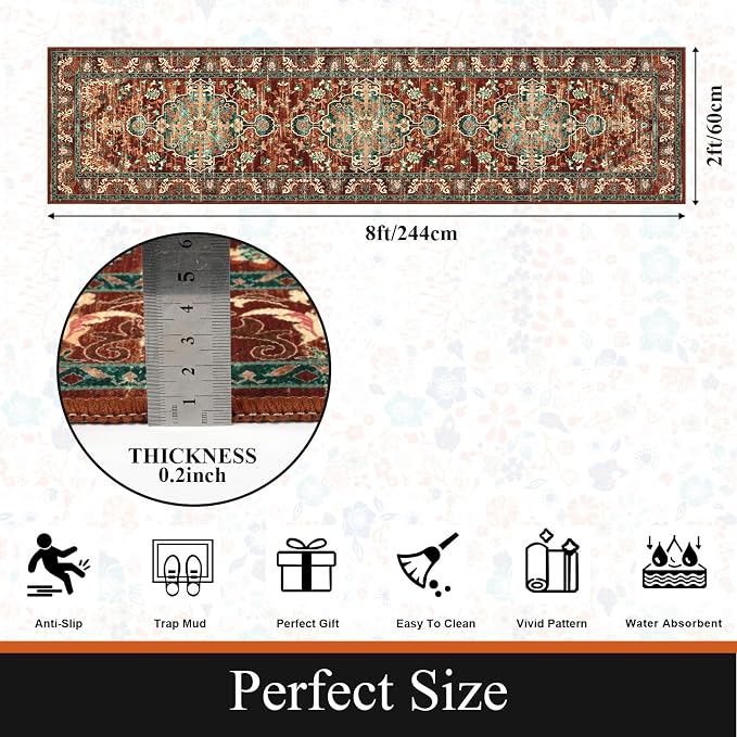 U'Artlines 2' x 8' Boho Hallway Runner Rug, Washable Carpet, Rust＆Teal | Non Slip, Vintage Farmhouse Accent Area Rug Carpet, for Kitchen Entryway Laundry and Living Room