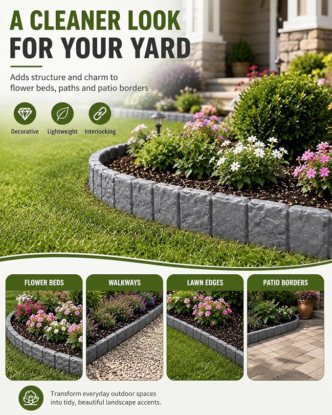 Faux Stone Garden Fence No Dig Landscape Edging Border (red, 20pcs) | Plastic interlocking panels create a rock look for flower beds lawn pathways patio yard decor
