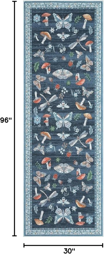 2.5x8 Runner Rug for Hallway Washable Kitchen Rugs Non Slip with Rubber Back Mushroom Soft Low-Pile Stain Resistant Foldable Indoor Carpet for Entryway Laundry Room Floor Mats Blue