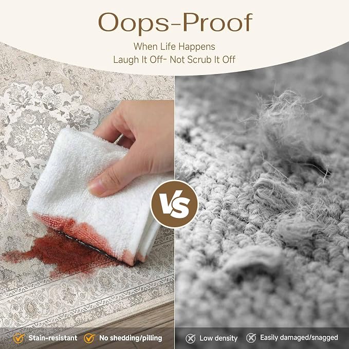 9x12 Washable Area Rug Beige Brown Non Slip Vintage Carpet | Low Pile, Stain Resistant, Living Room, Bedroom, Nursery, Office, Playroom, Dining Room, Soft, Large, Lightweight