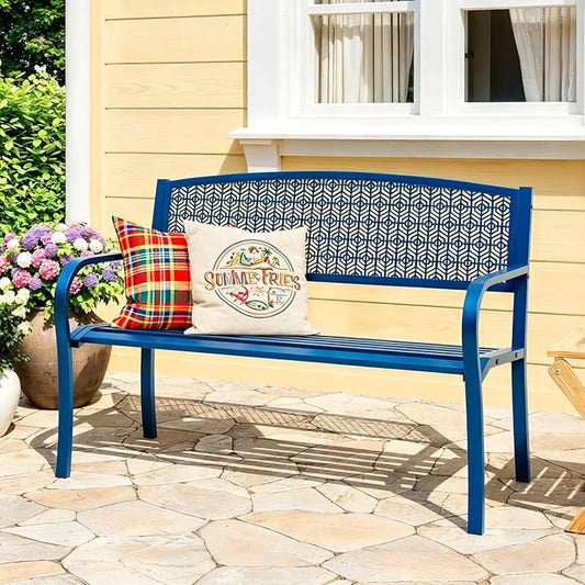 50" Outdoor Metal Garden Bench, Patio Steel Bench with Curved Backrest, Decorative Pattern, Weather-Resistant Porch Bench for Yard, Park, Deck, Backyard