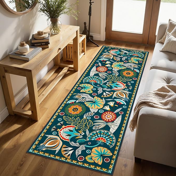 Joydeco Egypt Floral Boho 2x8 Washable Hallway Kitchen Runner Rug Non Slip | Dark Green Botanical Colorful Non Slip Stain Resistant Low Pile Flower Indoor Carpet Runner for Entry Laundry Room Bathroom