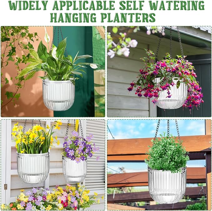 Maxcheck 4 Pcs Self Watering Hanging Planters Indoor Gift 6.5'' 4.5'' Hanging Flower Pots Baskets Outdoor Self Watering Plant with 3hooks Drainage Holes for Home