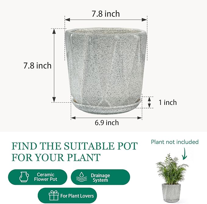 7.8 Inch Ceramic Plant Pot with Drainage Hole Mesh Net, Large Flower Pots for Indoor Plants with Saucer, Gardening Pots Outdoor(Gray-dot)