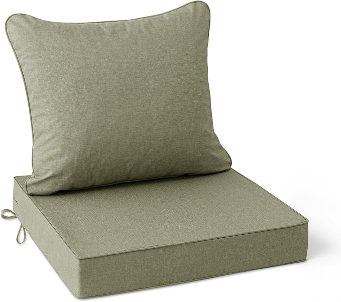 Summsun Water Resistant Outdoor Chair Cushions, Faux Linen Backrest and Deep Seat Cushion Set with Ties, Removable Cover, Non-Slip Bottom for Patio Furniture, 22 x 22 Inch, Mocca Green