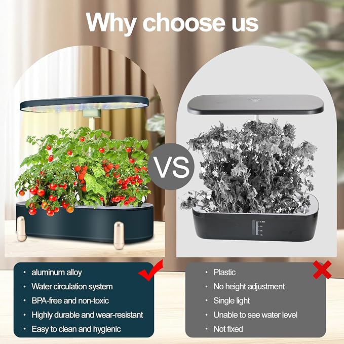 Hydroponics Growing System Indoor Garden:12 Pods Plant Kit Aeroponic Herb Vegetable Growth Lamp Countertop with LED Grow Light, Adjustable Height Up to 20.47inch (Black, One-Size)