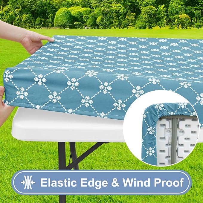 misaya Rectangle Vinyl Table Cloth, Elastic Fitted Tablecloth with Flannel Backing, Waterproof Plastic Table Cover Fits 6 Foot Folding Tables for Picnic, Camping and Outdoor (Lake Blue, 30" x 72")