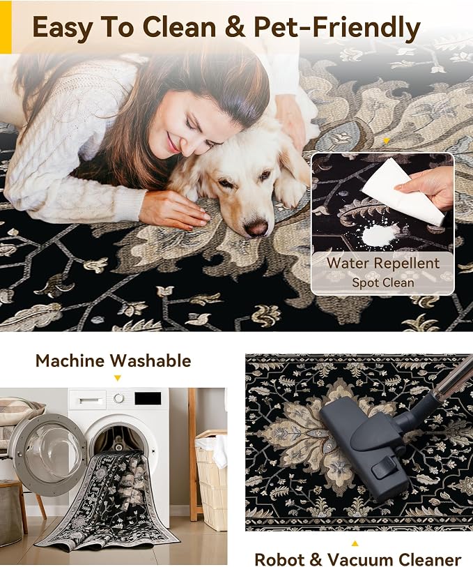 RELEANY Washable Area Rug, Small 2'6"x4', Black/Neutral | Non-Slip, Water Repellent, Pet Friendly, Easy to Clean, Vintage Floral Boho Decor for Kitchen Entryway Bathroom