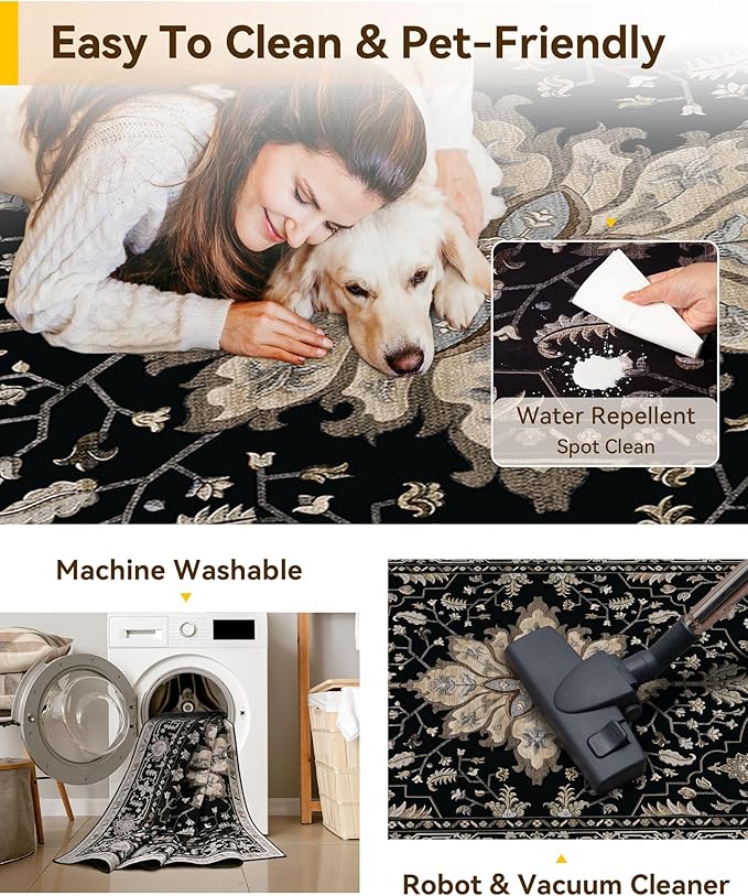 RELEANY Washable Area Rug, Square 6'x6', Black/Neutral | Non-Slip, Water Repellent, Pet Friendly, Easy to Clean, Vintage Floral Boho Decor for Living Room Bedroom Dining Room Office