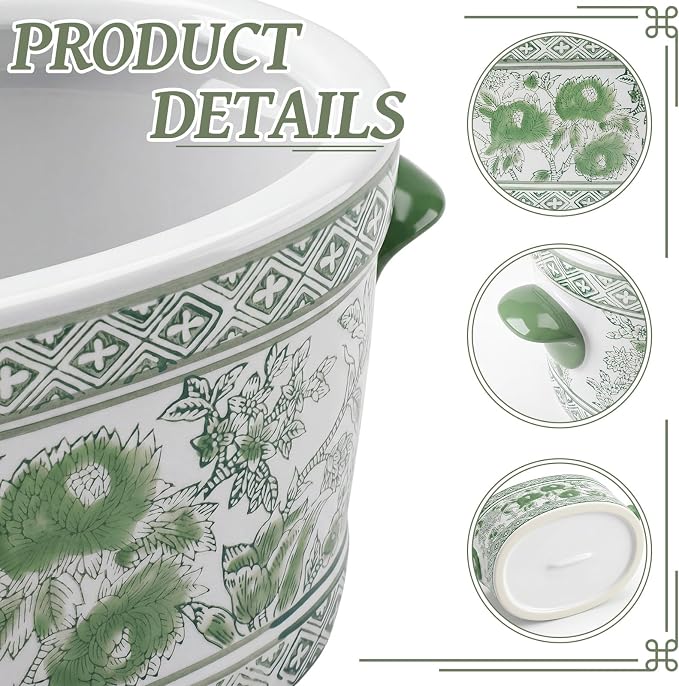 LemonRoad Green and White Ceramic Planter Pot 14 x 7.7 x 6.1 Inches Porcelain Vintage Floral Oval Cachepot Vase Chinoiserie Decor for Indoor Plants Succulents Home((Peony Style)