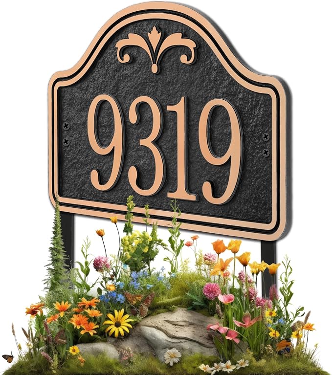 Personalized Lawn Address Plaque Sign with Stakes - House Address Signs for Outside Use for House,Apartment,Office,Yard (Black/Rose Gold)