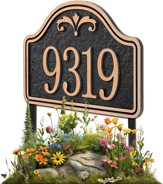 Personalized Lawn Address Plaque Sign with Stakes - House Address Signs for Outside Use for House,Apartment,Office,Yard (Black/Rose Gold)