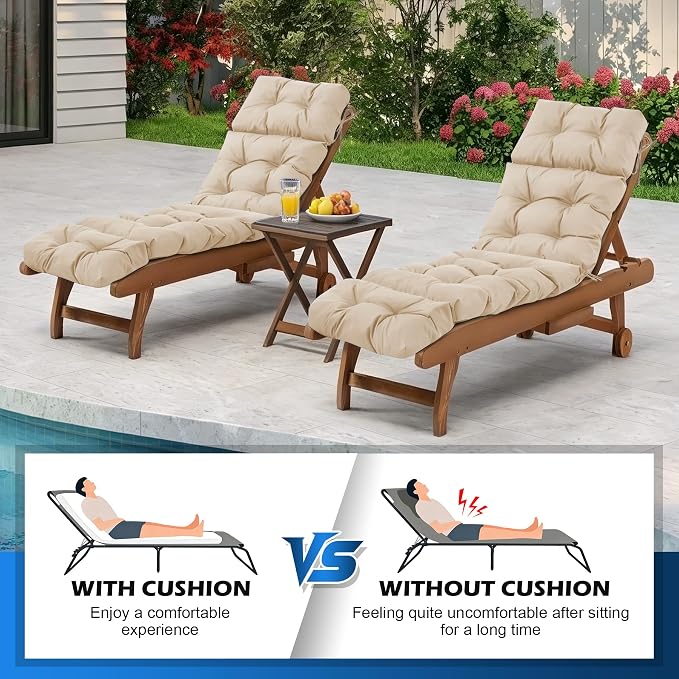 Chaise Lounge Cushions Outdoor, Waterproof & Fade Resistant Patio Lounge Chair Cushions for Outdoor Furniture, Chaise Cushion with Ties for Patio, Pool, Lawn and Beach, 75.1x22.8x4.7 Inch, Beige