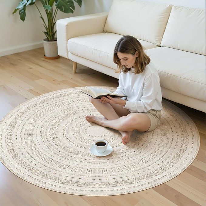 cotiled 5x5 Round Rug 5ft Circle Living Room Boho Area Rugs | Solve Modern Neutral Trendy Home Decor - Washable Foldable Indoor Carpet for Dining Bedroom Entryway Home Office Brown Cream