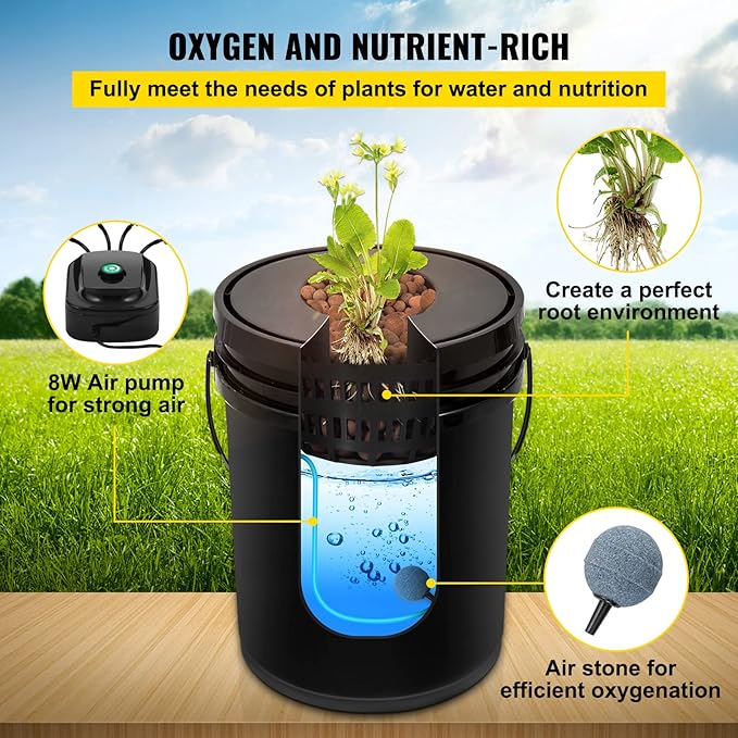 VEVOR DWC Hydroponic System, 5 Gallon 4 Buckets, Deep Water Culture Growing Bucket, Hydroponics Grow Kit with Pump, Air Stone and Water Level Device, for Indoor/Outdoor Leafy Vegetables