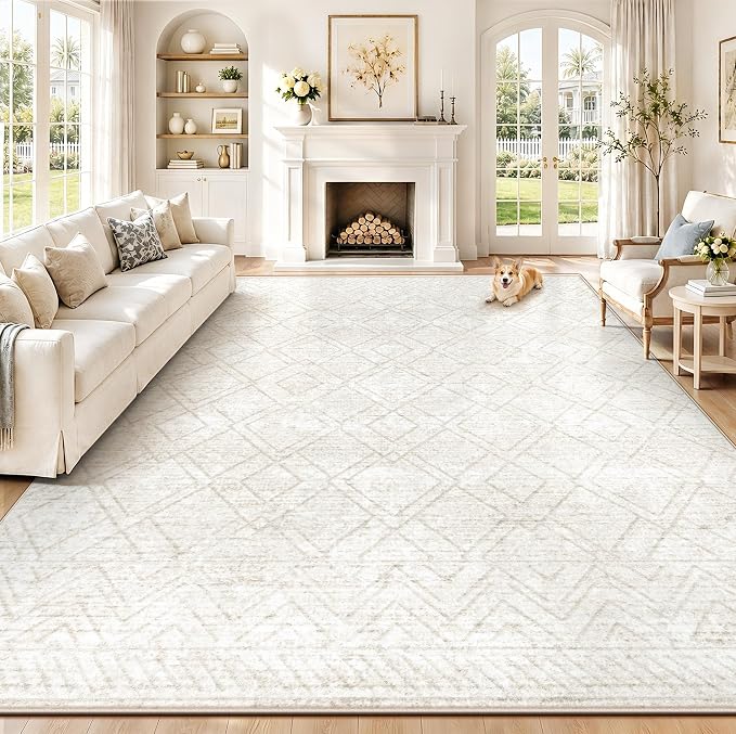 Area Rugs 9x12 Living Room Rug: Washable Geometric Moroccan Neutral Rugs Boho Modern Non Slip Area Rug Large Soft Indoor Floor Low Pile Carpet for Bedroom Dining Room Home Office (Beige, 9'x12')