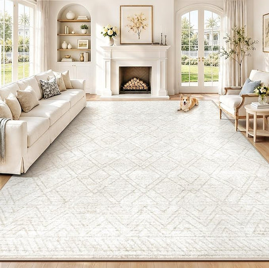 Area Rugs 9x12 Living Room Rug: Washable Geometric Moroccan Neutral Rugs Boho Modern Non Slip Area Rug Large Soft Indoor Floor Low Pile Carpet for Bedroom Dining Room Home Office (Beige, 9'x12')