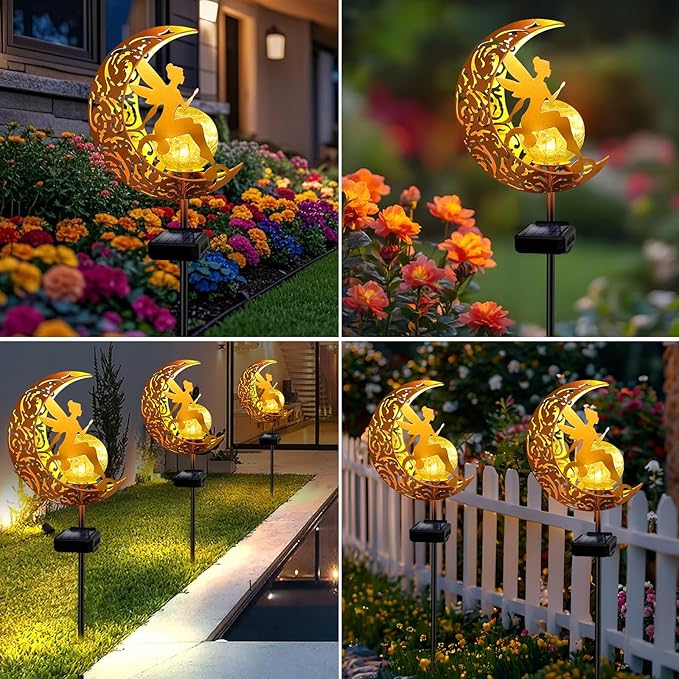 Solar Garden Lights Pathway Stake Lights Waterproof, Gift for Women Mom Grandma Wife Daughter, Moon Fairy Glass Globe with Angel Decor, Outdoor Decor Lights for Walkway, Yard, Lawn, Patio or Courtyard