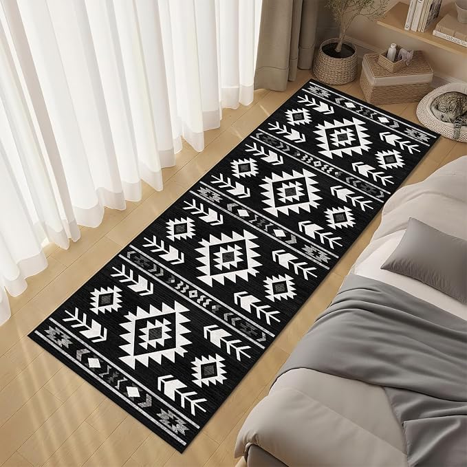 Western Runner Rug 2x6 for Hallway Kitchen Bedroom, Southwestern Aztec Tribal Runner Rugs Southwest Navajo Machine Washable Rug Non-Slip Printed Low-Pile Floor Carpet Mat for Living Room, Black