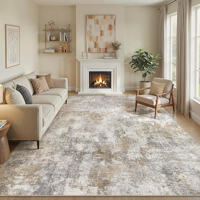 12x15 Area Rug Washable Abstract Rugs for Living Room Light Brown/Grey | for Bedroom, Dining Room, Office, Nursery, Soft Neutral, Low Pile Non-Slip, Kid Pet Friendly, Large Indoor Carpet, Home Decor