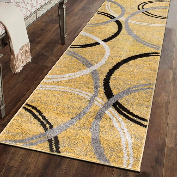 Rugshop Wavy Circles Non-Shedding Living Room Runner Rug Yellow 2' x 10' | Rectangular, Size 2' x 10', Bedroom, Dining Room, Home Office, Kitchen, Entryway, Hallway, Nursery, Kids Room, Guest Room