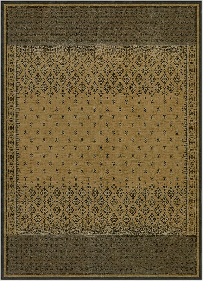 Joydeco Brown Rug 8x10 for Living Room, Washable Area Rugs for Bedroom | Vintage Large Boho Geometric Low Pile Non Slip Ultra Thin Distress Indoor Throw Floor Carpet For Dining Room Home Office Dorm