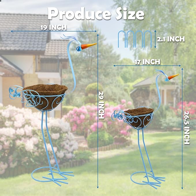 Pelican Metal Flowers Plant Holders Stand with Coconut Pots 2 Sets | Manortang Plants Stand Flower Pots Outdoor, Room Home Living Room Front Outdoor Patio Decor, Gardening Decoration Gifts