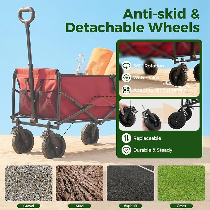 DUMOS Collapsible Wagon Cart, Heavy Duty Foldable Utility Wagon with Lockable Brake Wheels – 330 lbs Capacity, Flexible Handle for Beach, Garden, Sports, Grocery & Camping, Red