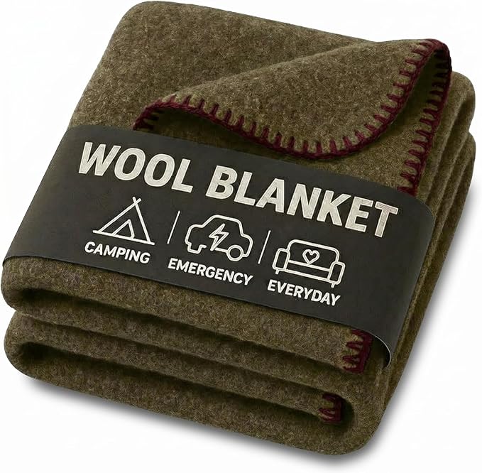 Wool Camping Blanket - 70% Wool Heavy-Duty Military Style Throw, Warm & Washable, Fire Retardant Cover for Emergency, Survival & Outdoor Use - Perfect for Camping, Car, Home & Hiking, Olive 62x84